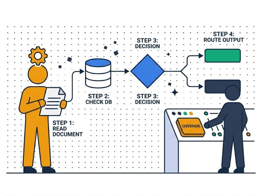 Illustration of an amber AI agent figure following a 4-step path — read document, check database, make decision, route output — while a navy human figure oversees from a control panel with an override button