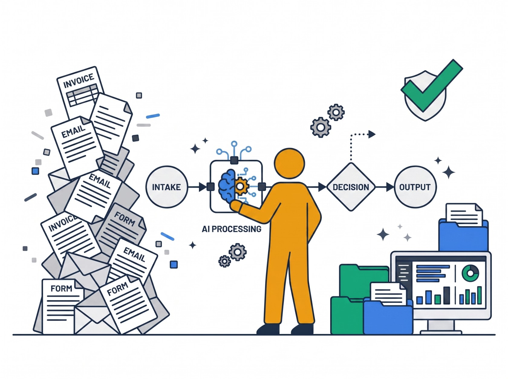 Illustration of an amber figure managing an AI workflow pipeline that transforms messy documents into organized outputs with sorted folders and a dashboard