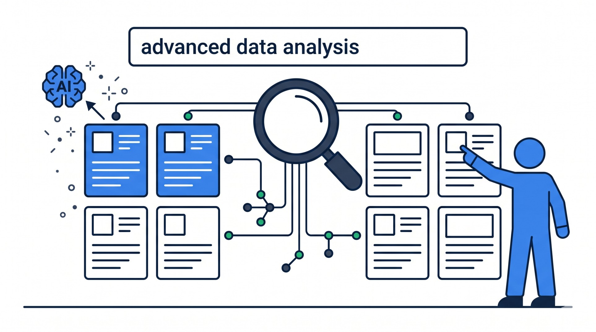 Illustration of a blue figure pointing at AI-ranked search results on a grid of content cards with a magnifying glass and search bar