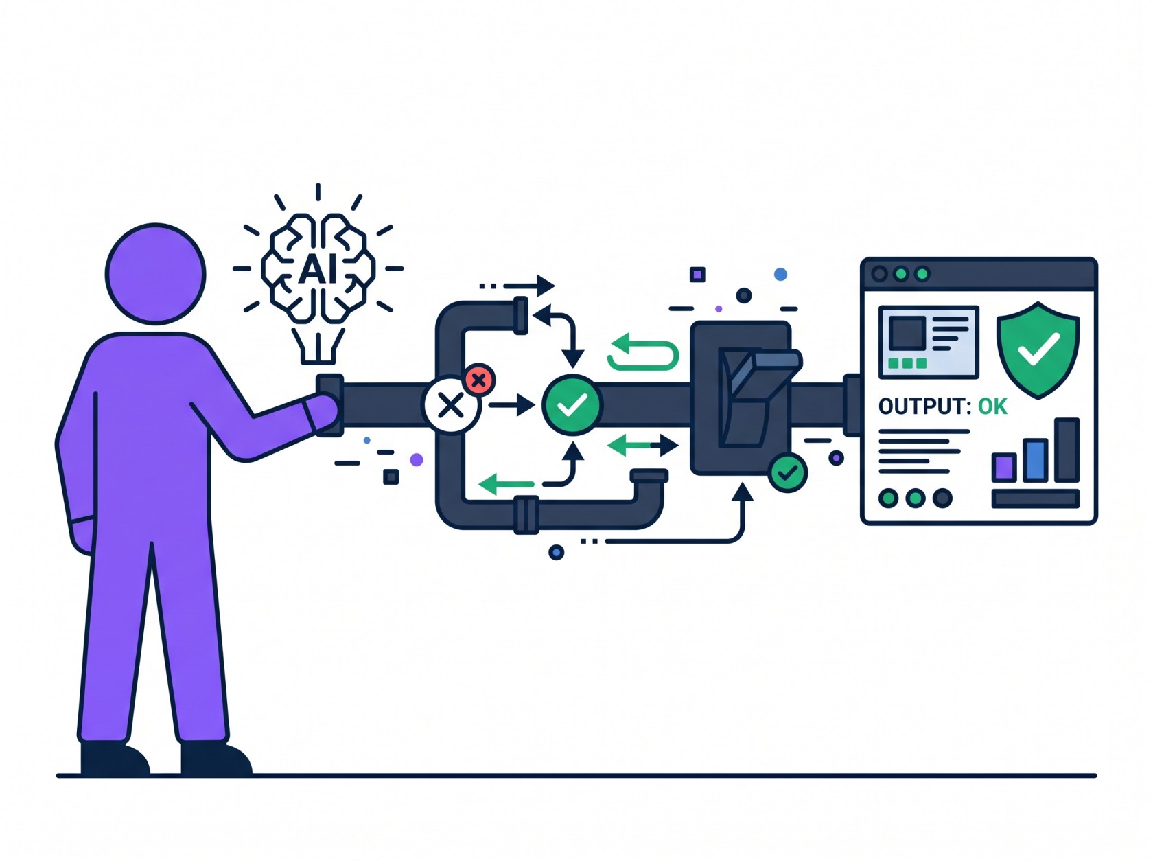 Illustration of a purple figure connecting an AI brain to a product interface via a pipeline with error handling, retry arrows, and circuit breaker