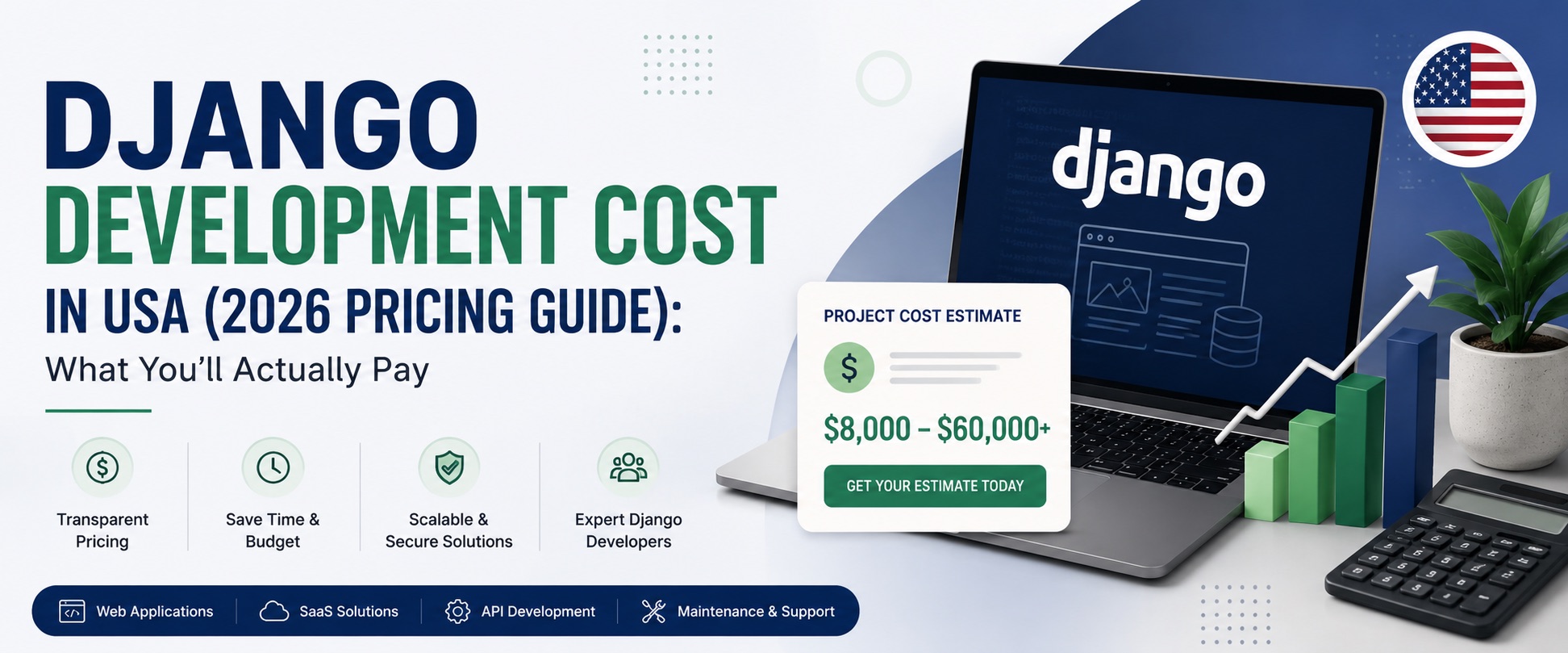 Django development cost in USA 2026 pricing guide showing an estimated range of $8,000 to $60,000+ with transparent pricing and expert Django developers