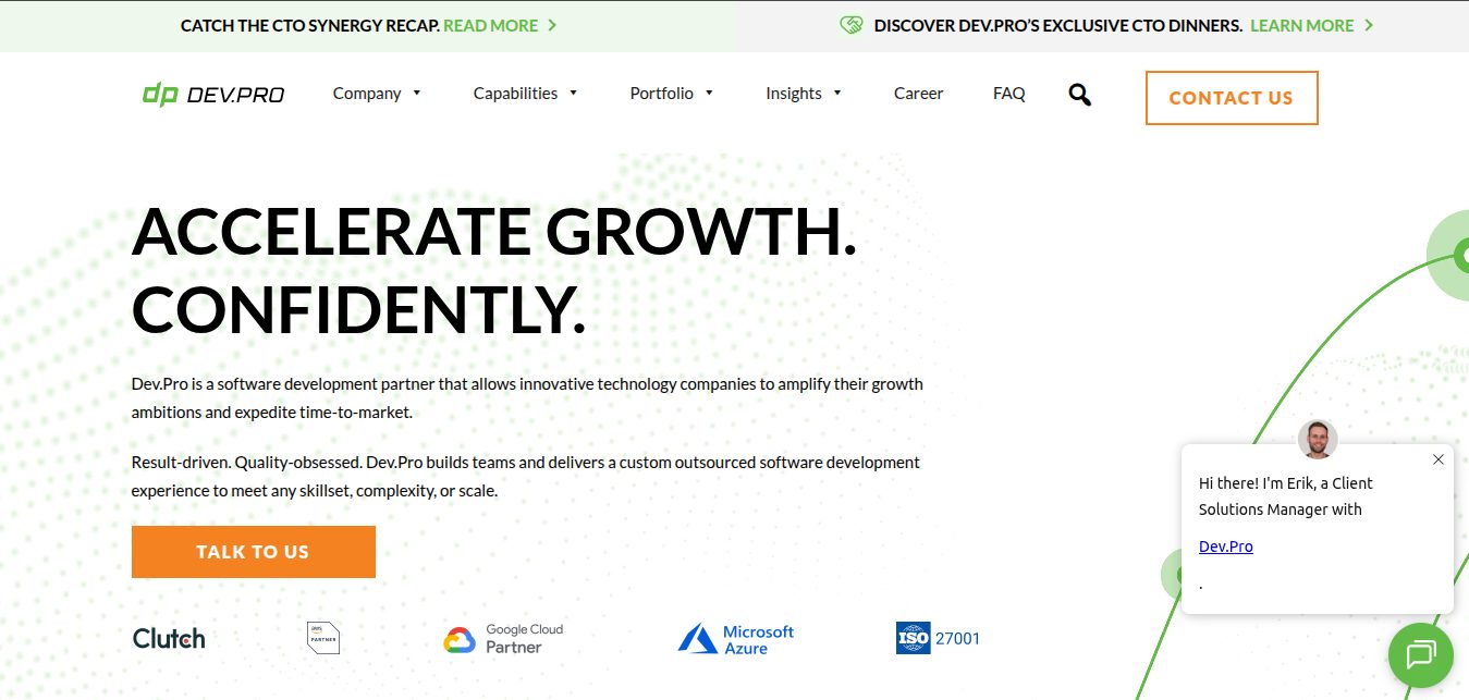 Dev.Pro website — software development partner with a distributed delivery model and US presence in Charlotte, North Carolina