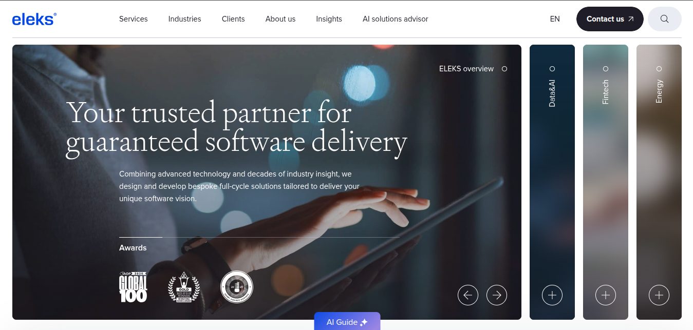 ELEKS website — enterprise software delivery partner operating since 1991 with offices across Europe and North America