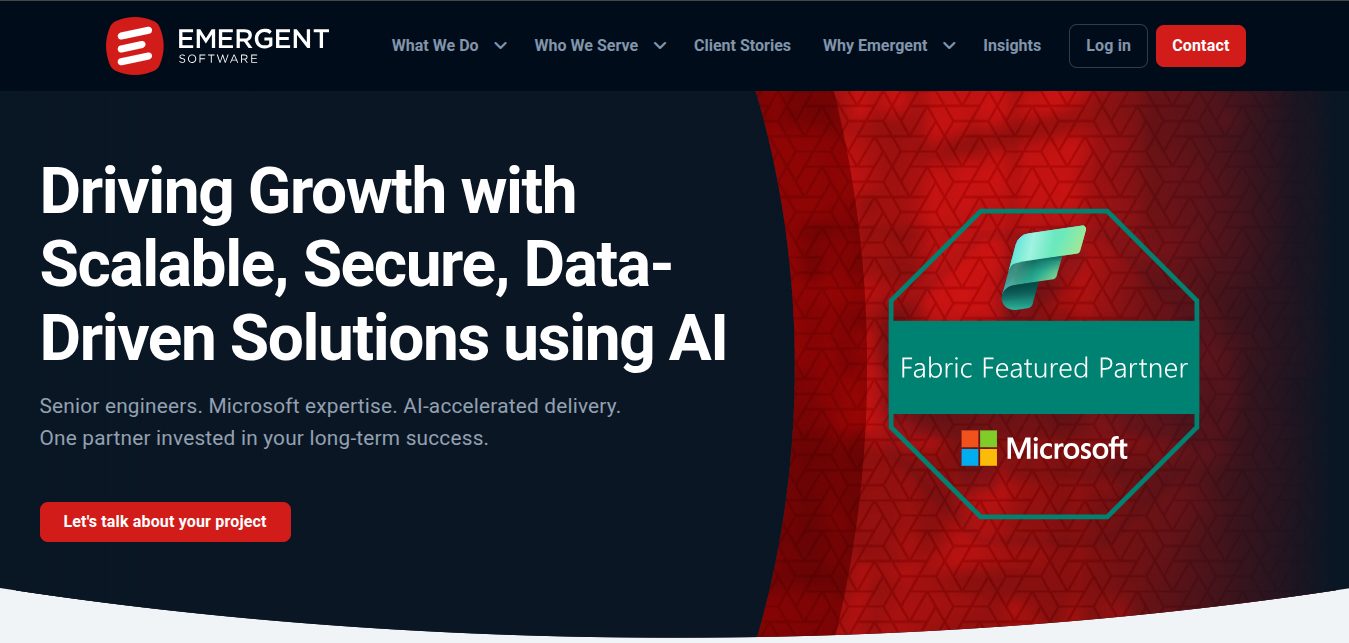 Emergent Software website — Minneapolis-based custom software, cloud and data company with Microsoft expertise