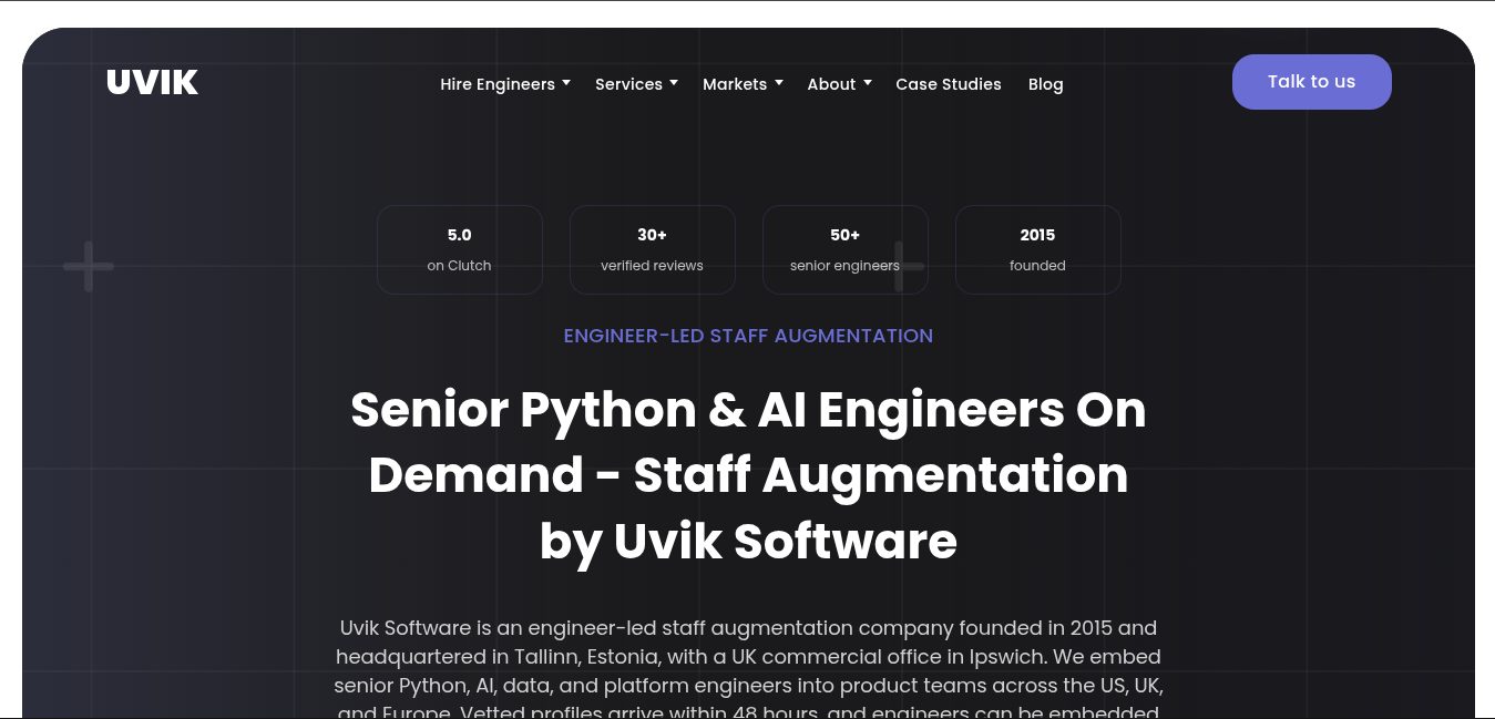 Uvik Software website — engineer-led Python and AI staff augmentation company founded in 2015
