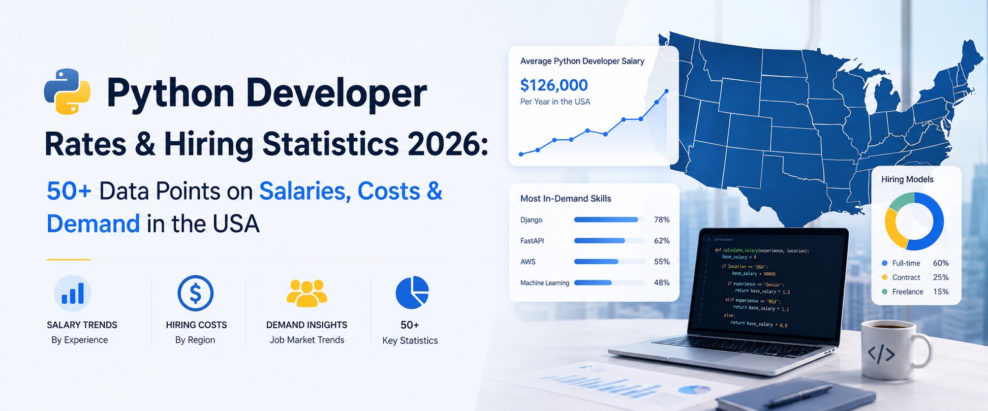 Python developer rates and hiring statistics for the USA in 2026 — average salary around $126,000 per year, most in-demand skills Django 78%, FastAPI 62%, AWS 55% and machine learning 48%, and hiring models split full-time 60%, contract 25%, freelance 15%