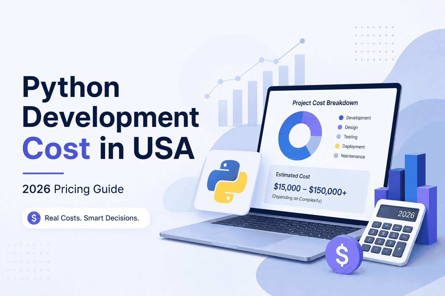 Python Development Cost in USA 2026 Pricing Guide showing estimated cost of $15,000 to $150,000+