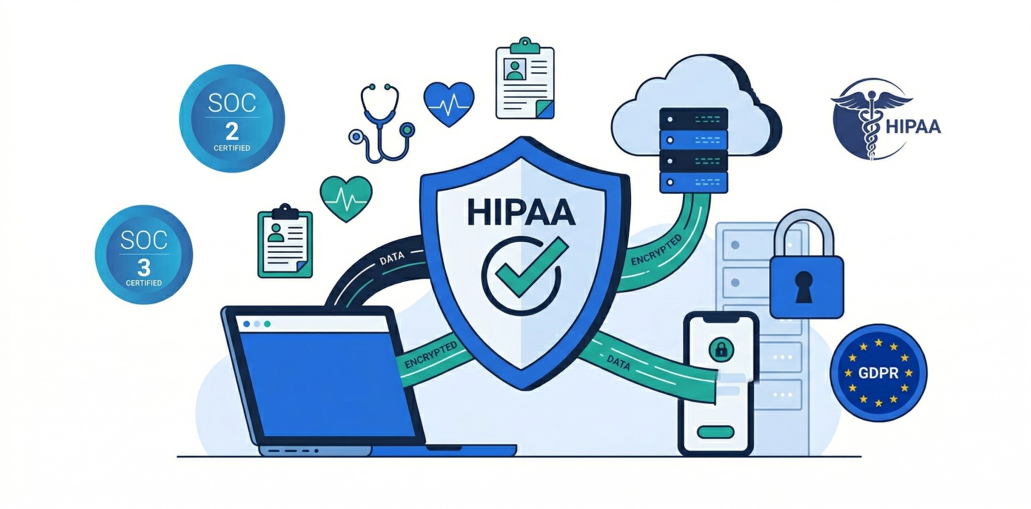 HIPAA compliant software development guide - SOC 2 certified, GDPR compliant healthcare data security with encrypted data flows and cloud hosting