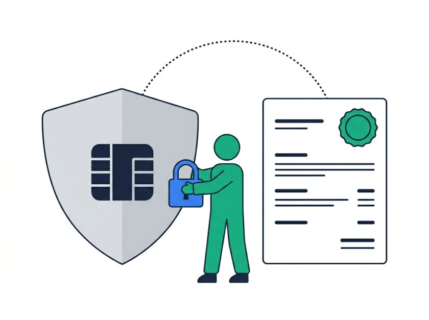 Illustration of a green figure adding a padlock to a PCI shield with credit card chip, connected by dotted arc to an audit document with green seal