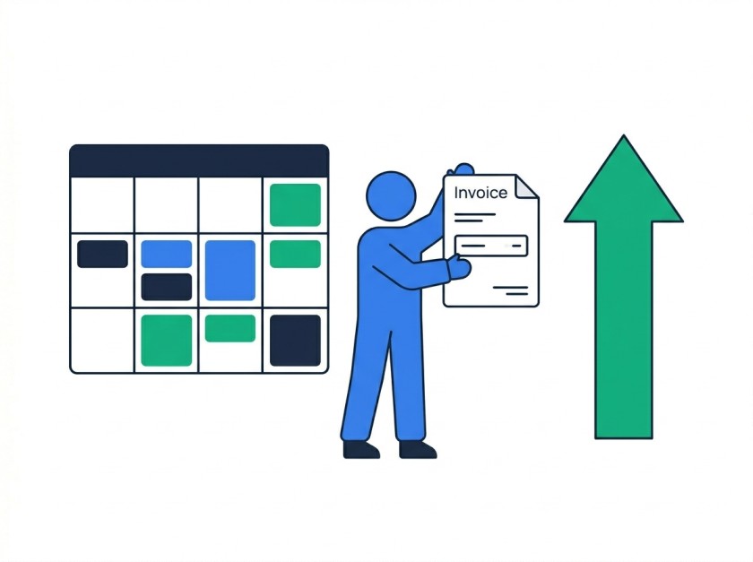 Illustration of a figure holding an invoice next to a sprint calendar with colored blocks and a green upward arrow