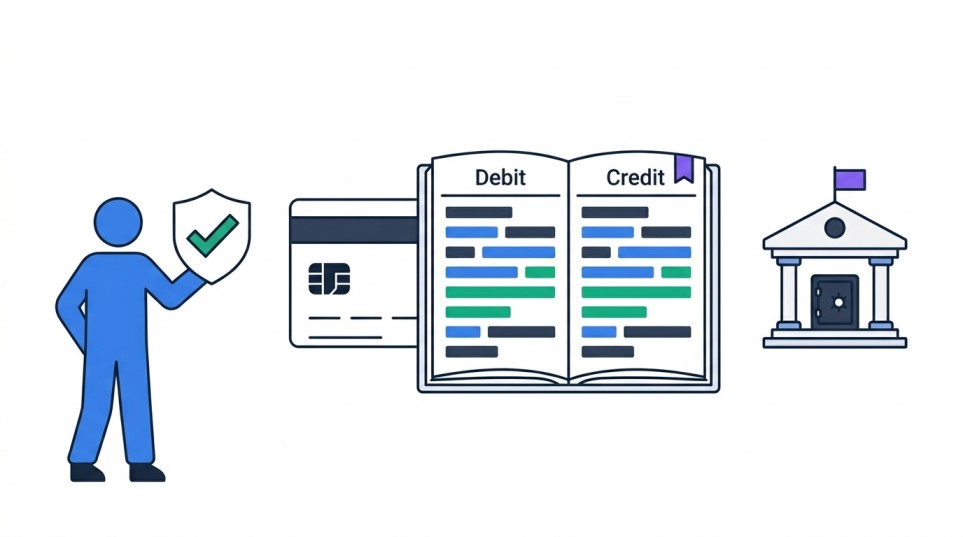 Illustration of a blue figure holding a checkmark shield next to a debit card and an open ledger with balanced debit and credit columns, with a small bank building on the right