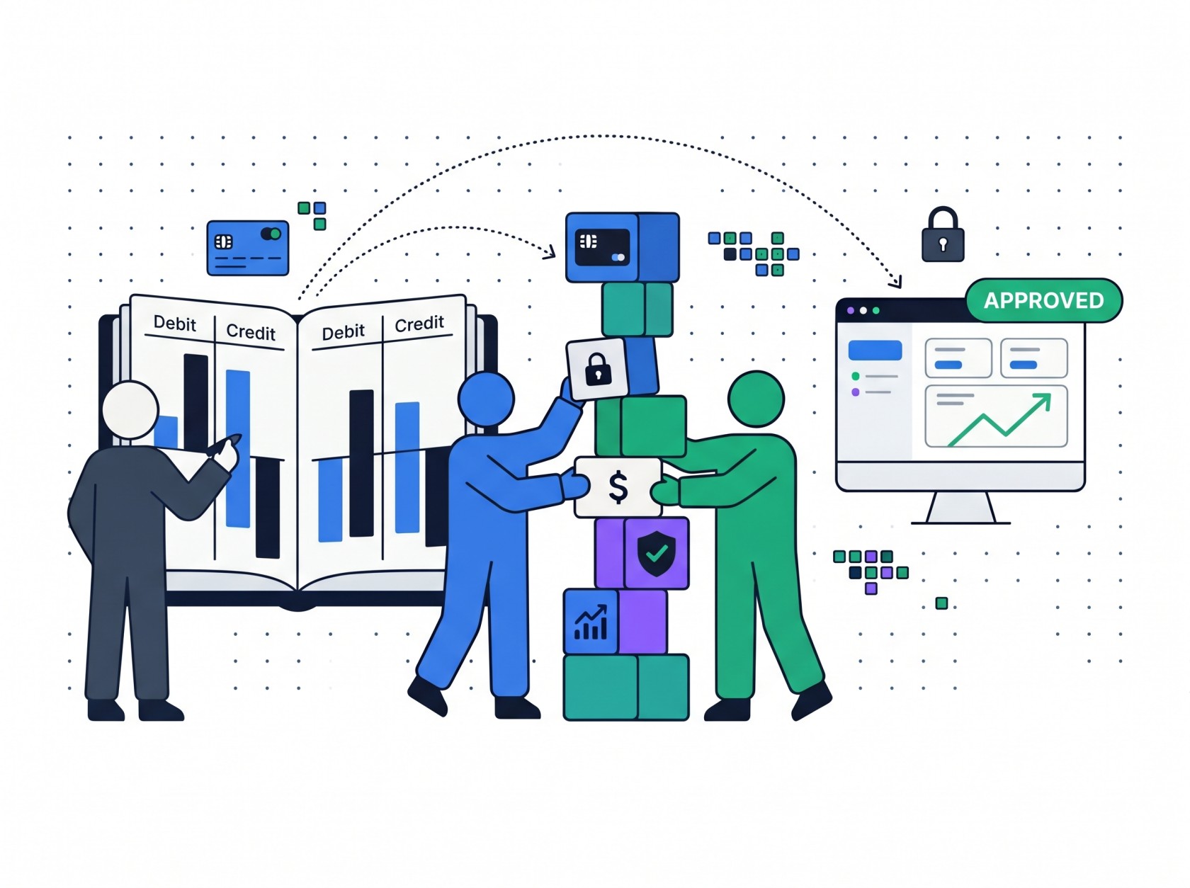 Illustration of three figures working around a double-entry ledger, building a stack of FinTech blocks with card, lock, dollar, shield, and chart icons, connected by dotted arcs to a transaction dashboard with an Approved badge and upward trend