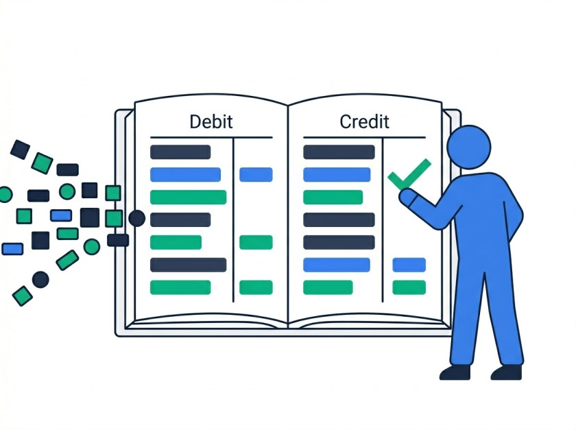 Illustration of a figure verifying entries in a double-entry ledger with debit and credit columns as transaction blocks flow in