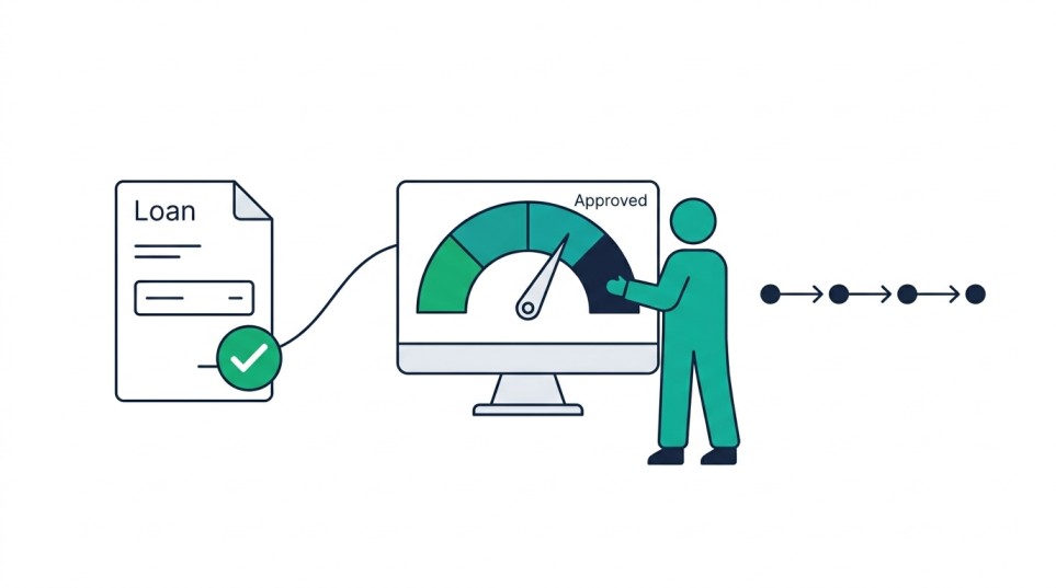 Illustration of a teal figure reviewing a credit scoring gauge pointing to Approved, with a loan document and installment timeline