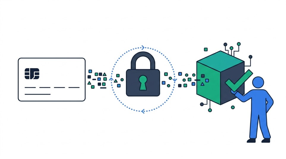 Illustration of a credit card on the left flowing through a circular padlock tokenization shape into a teal payment processor cube on the right, with a blue figure verifying the flow with a checkmark
