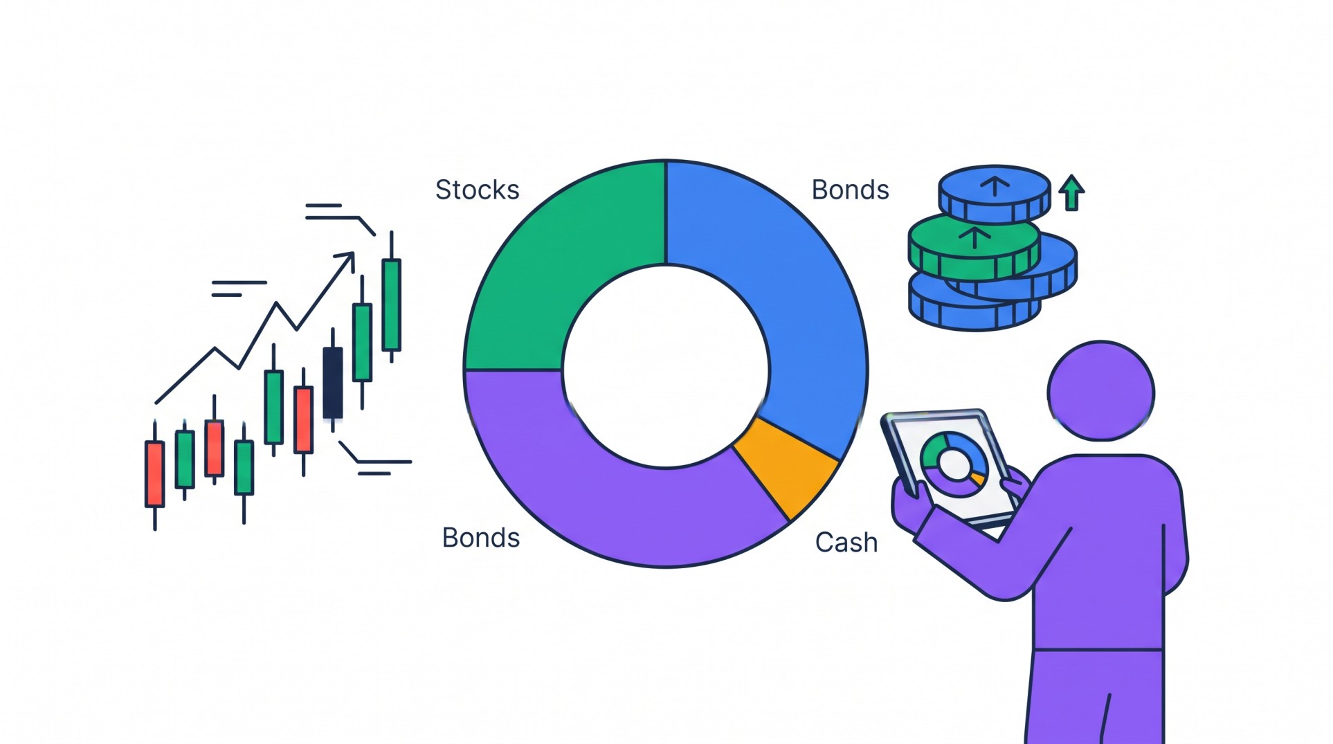 Illustration of a purple figure holding a tablet showing a portfolio donut chart with candlestick chart and stacked coins