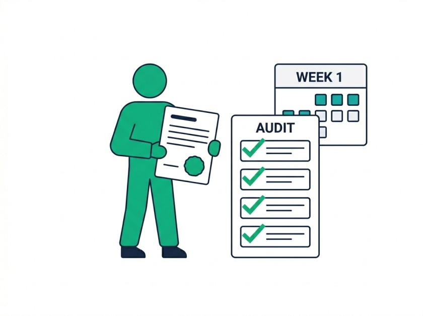 Illustration of a figure holding a sealed document next to an audit checklist with checkmarks and a Week 1 calendar