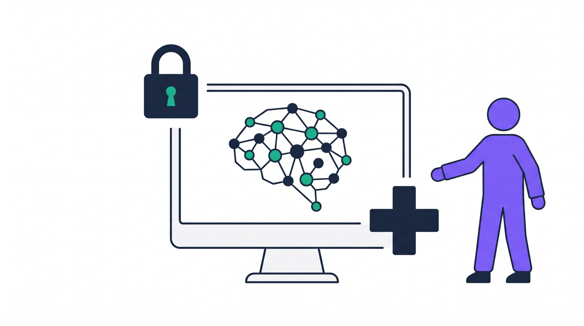 Illustration of a purple figure reviewing AI output on a monitor showing a brain with connected nodes, with a lock and medical cross