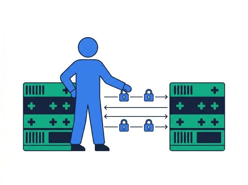 Illustration of a figure managing encrypted data connections between two healthcare server systems