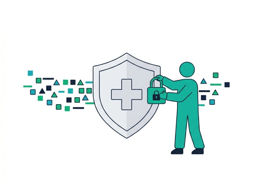 Illustration of a figure adding a lock to a medical shield with encrypted data blocks flowing behind it