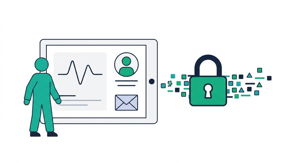 Illustration of a figure beside a tablet showing a patient dashboard with heart rate and messaging, with encrypted data and padlock