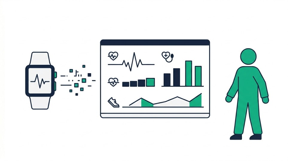 Illustration of a smartwatch sending data pulses to a health dashboard showing vitals, monitored by a figure