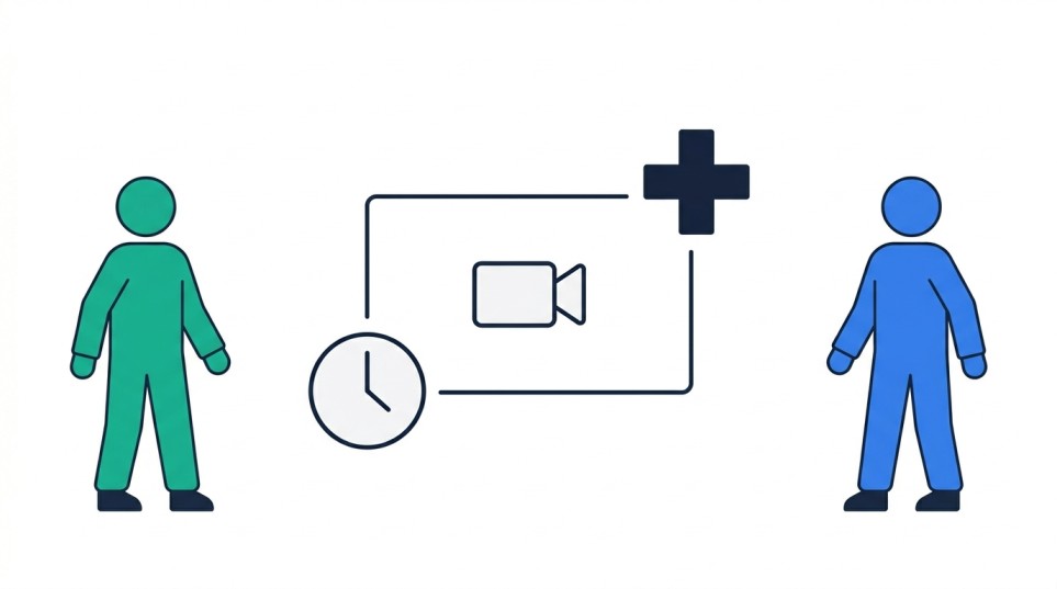 Illustration of two figures facing each other with a video call screen, clock, and medical cross between them