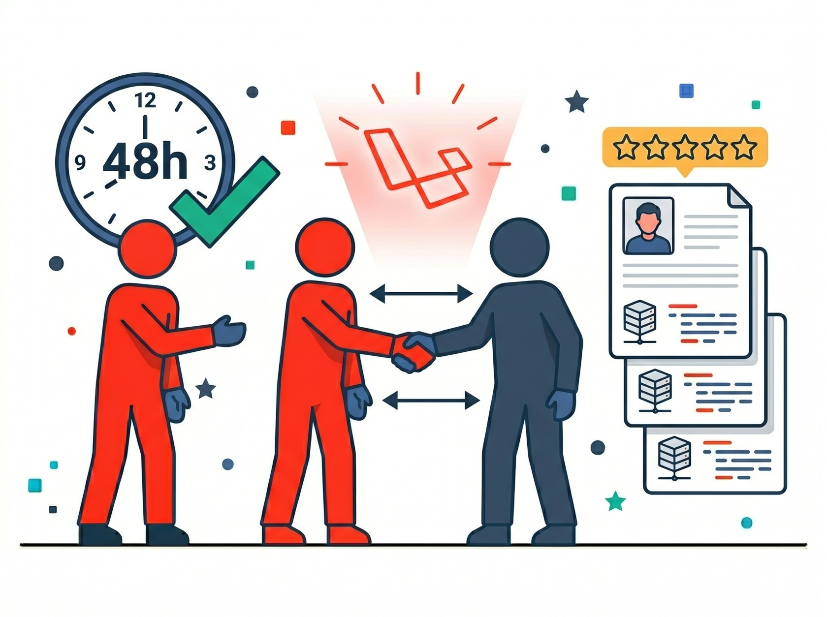 Illustration of a 48-hour clock with green checkmark on the left, a Laravel-red figure shaking hands with a navy figure in the center, and a stack of resume cards with a 5-star rating and server icons on the right, with a Laravel logo above