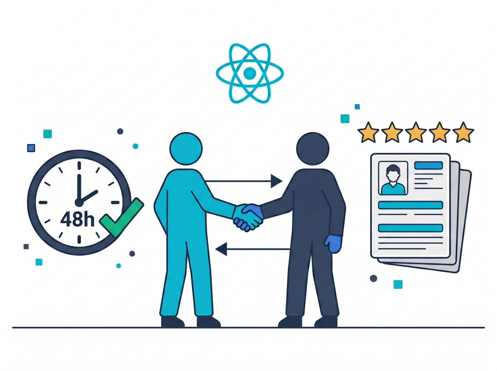 Illustration of a 48-hour clock with green checkmark on the left, a cyan figure shaking hands with a navy figure in the center, and a stack of three resume cards with a 5-star rating on the right, with a React atom logo above