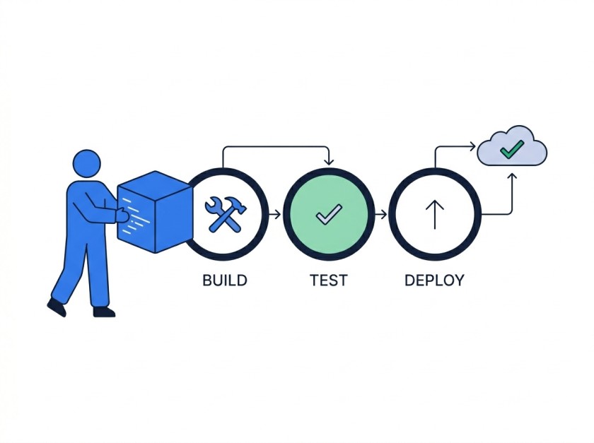 Illustration of a figure pushing a code block through a Build, Test, Deploy pipeline ending at a cloud