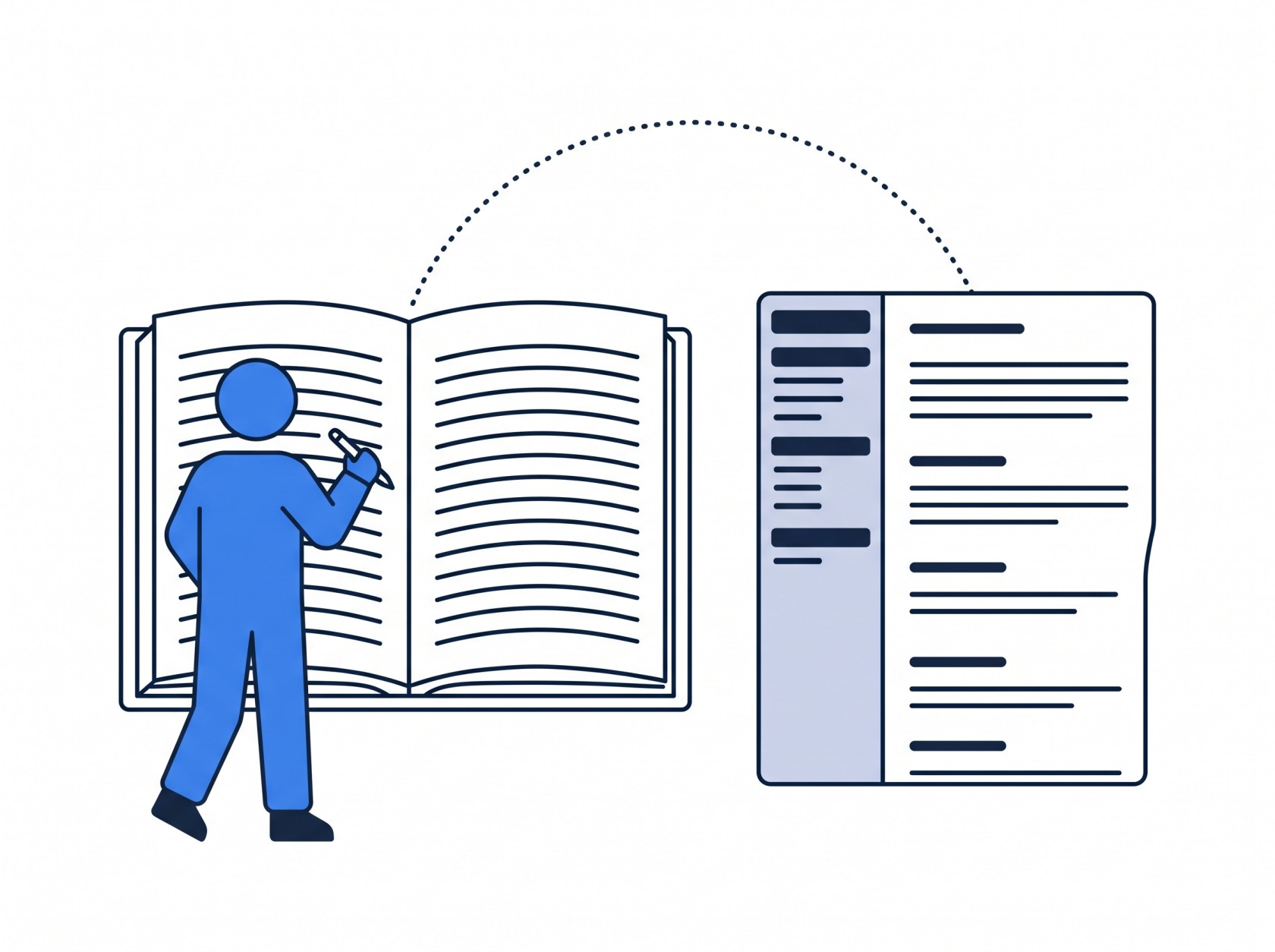 Illustration of a figure writing in an open book that transforms into API documentation via a dotted arc