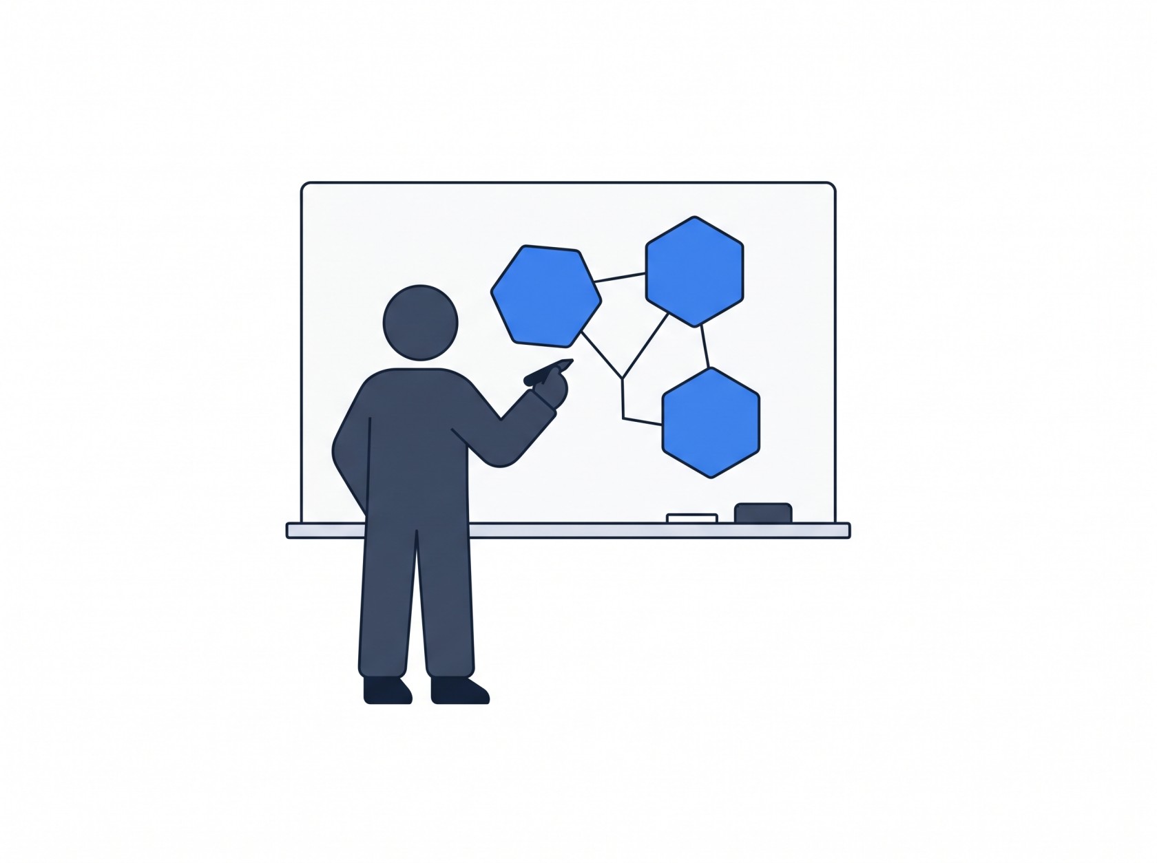 Illustration of a figure drawing connected hexagons on a whiteboard representing domain-driven architecture