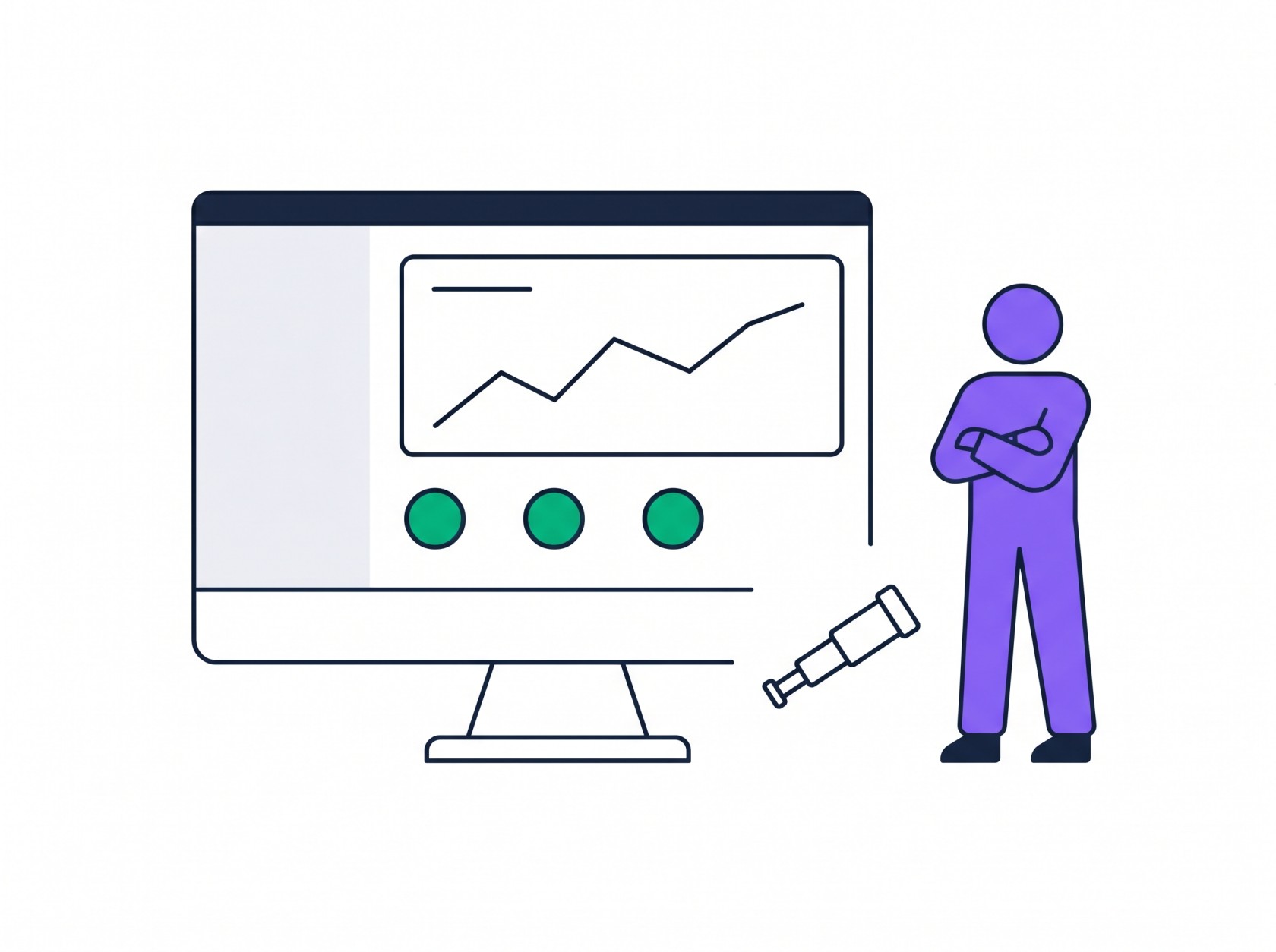 Illustration of a purple figure watching a monitoring dashboard with green status indicators and a telescope