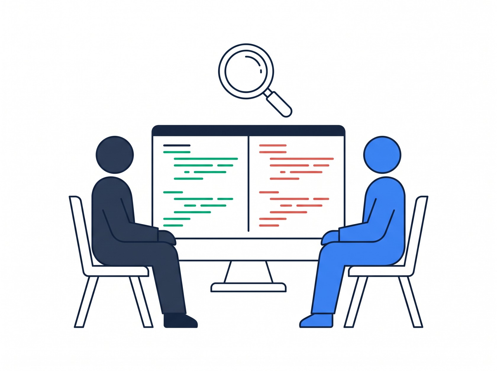 Illustration of two figures reviewing a code diff on a shared screen with a magnifying glass above