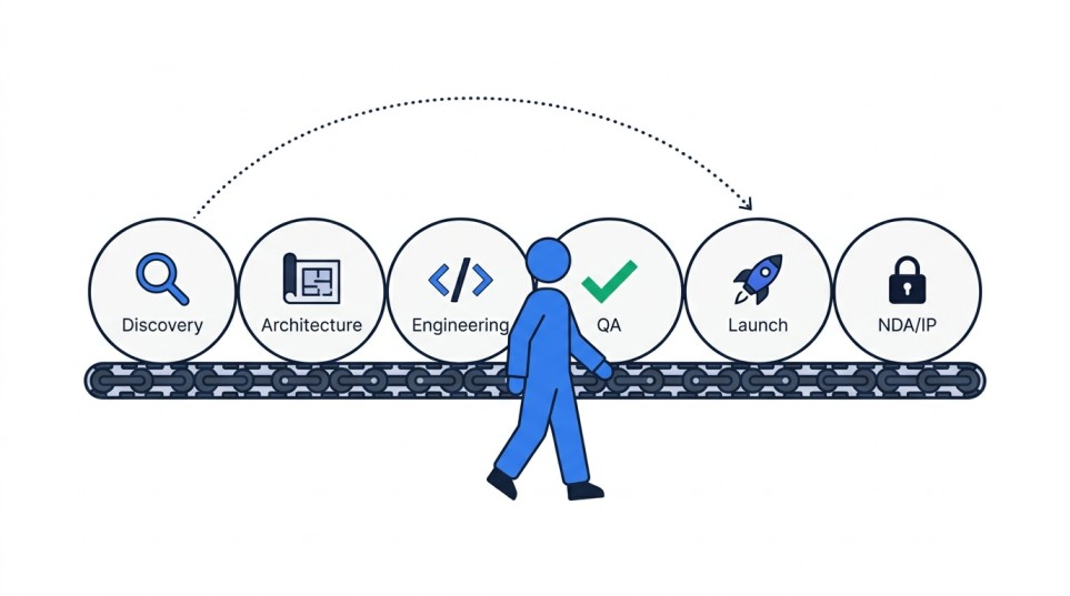 Illustration of a figure walking alongside a conveyor belt with 6 project stages: Discovery, Architecture, Engineering, QA, Launch, NDA/IP