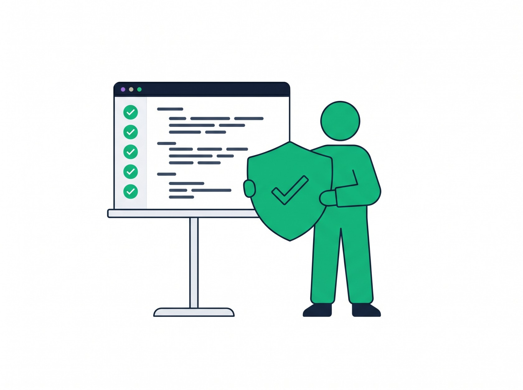 Illustration of a figure holding a shield with a checkmark next to a code editor showing passing tests