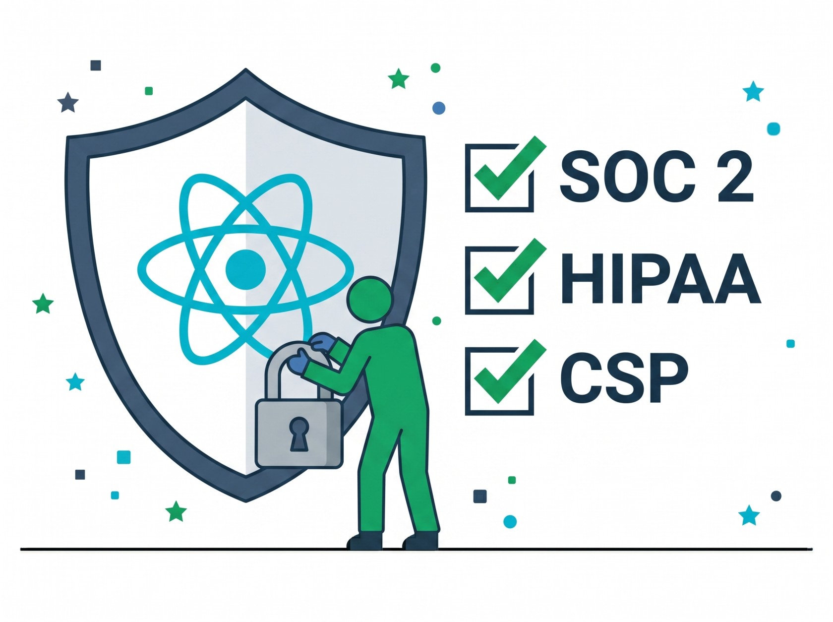Illustration of a shield with a React atom logo inside, sealed with a lock by a green figure, beside a checklist of SOC 2, HIPAA, and CSP all checked off