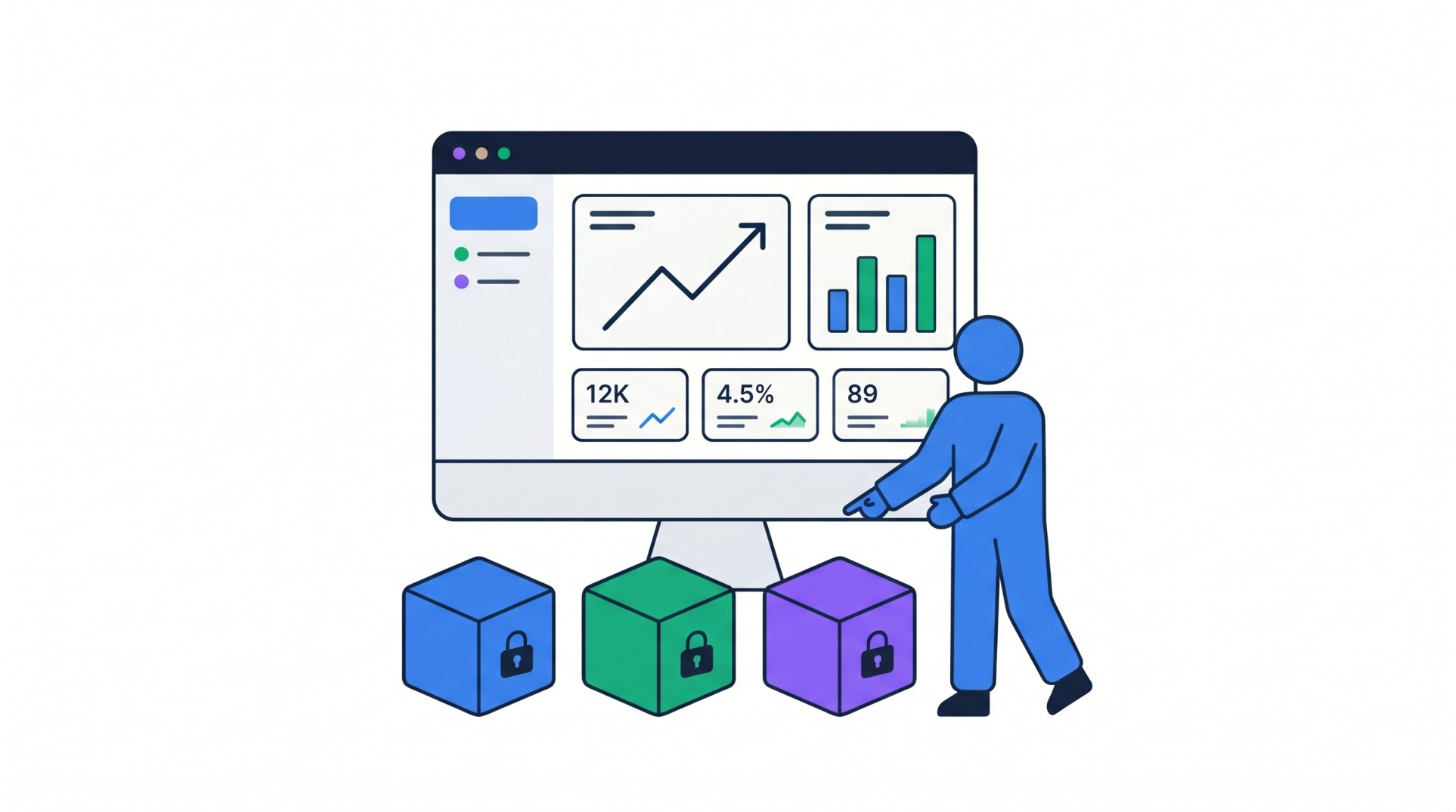 Illustration of a figure managing three colored tenant cubes with locks below a dashboard showing metrics and charts