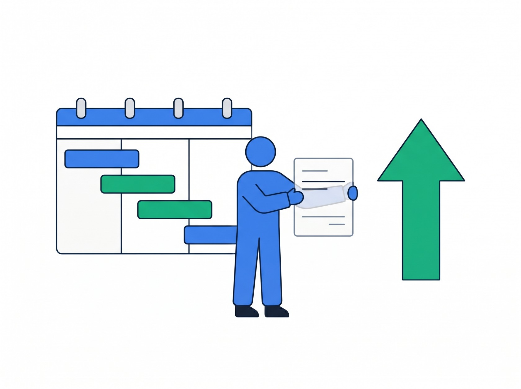 Illustration of a figure holding an invoice next to a sprint calendar and an upward green arrow representing predictable delivery