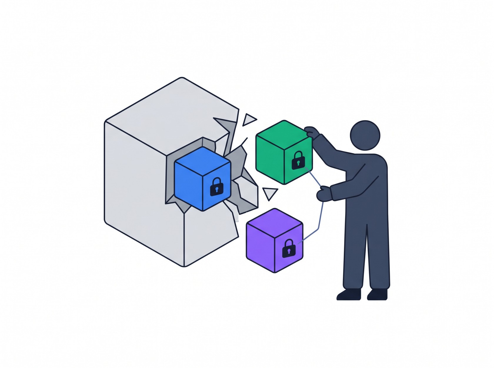 Illustration of a large cube splitting into three smaller colored cubes with lock icons, representing multi-tenant database isolation