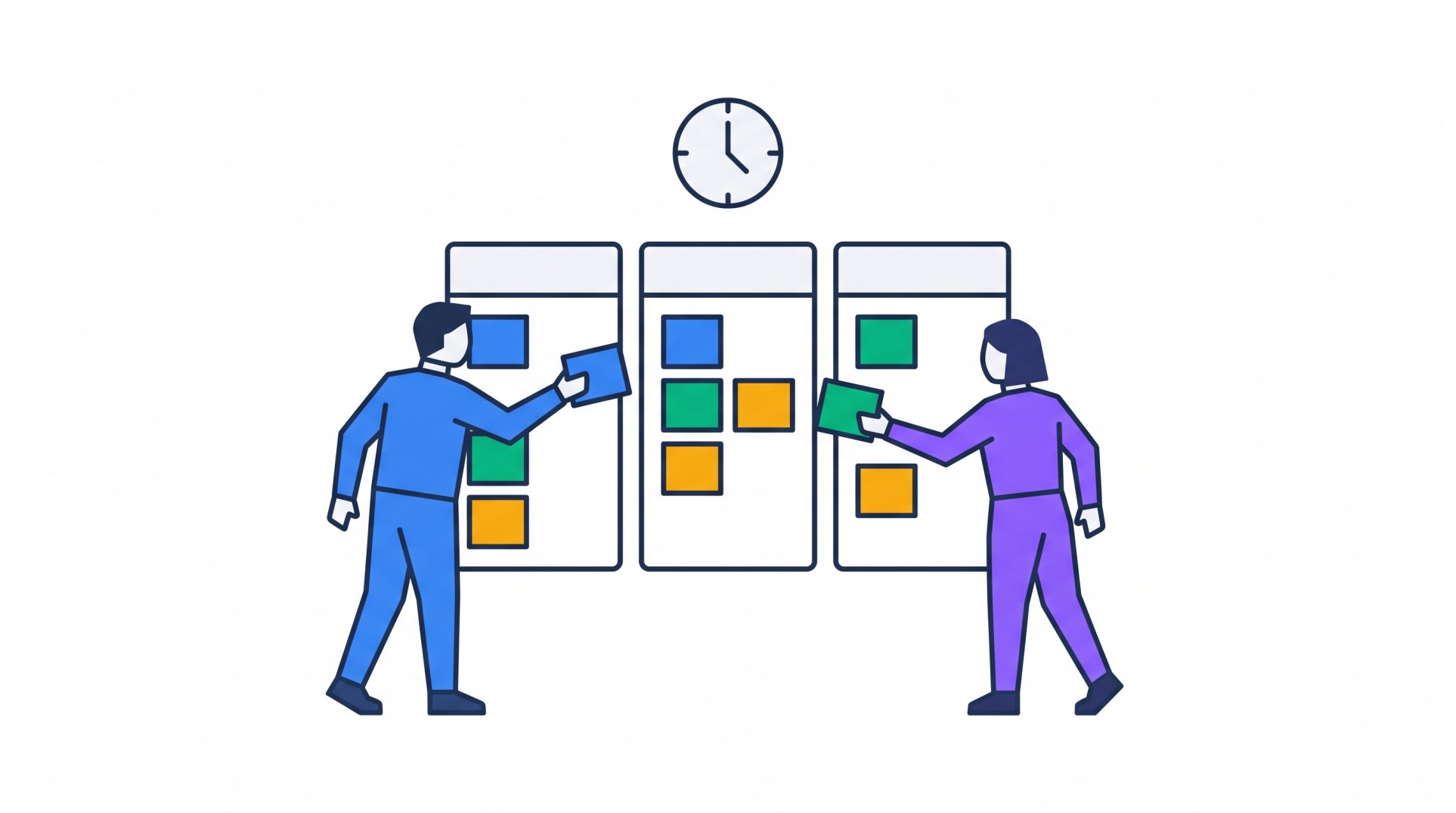Illustration of two figures moving colored cards on a Kanban board with a clock above