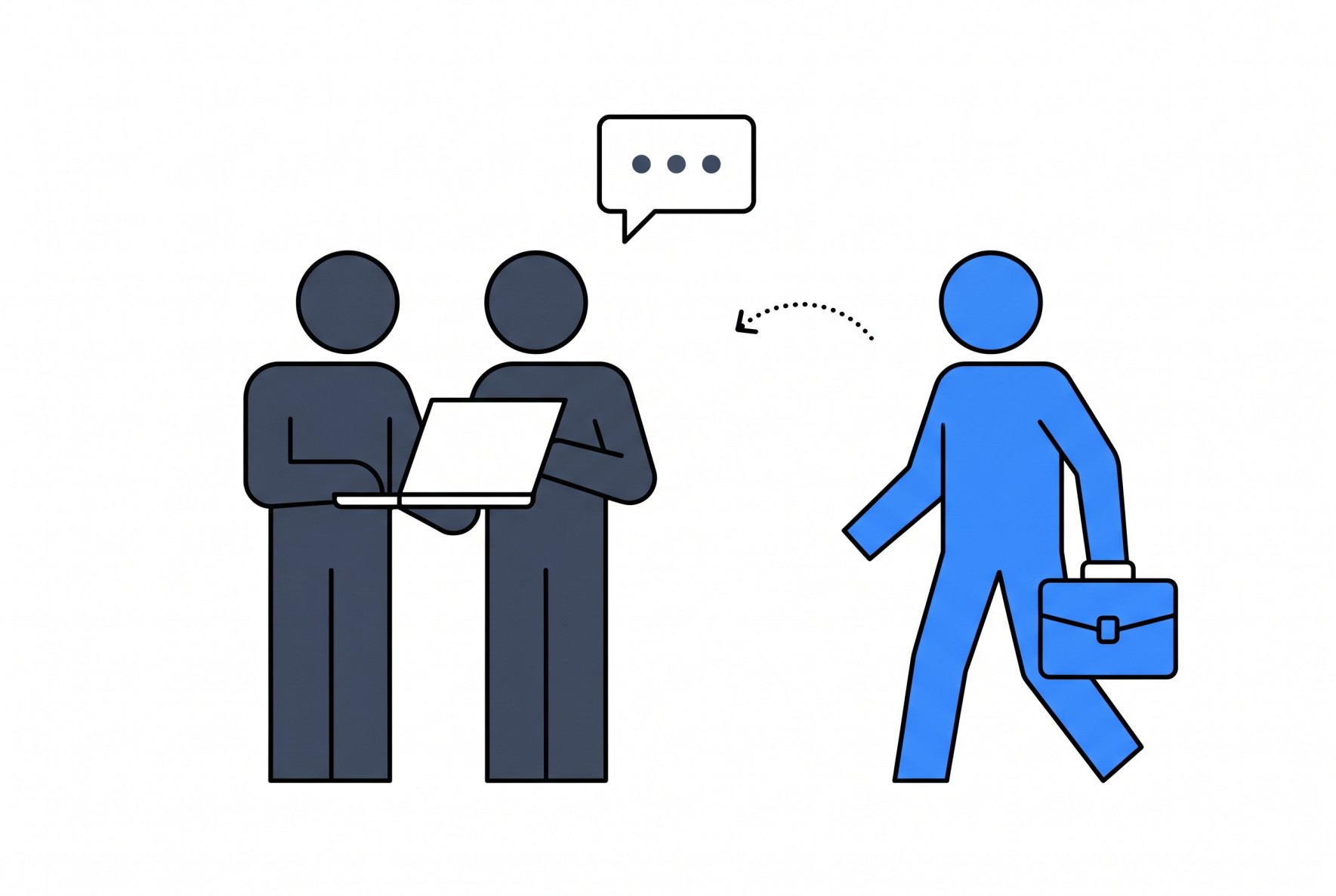 Illustration of a developer with a briefcase joining a team at a laptop