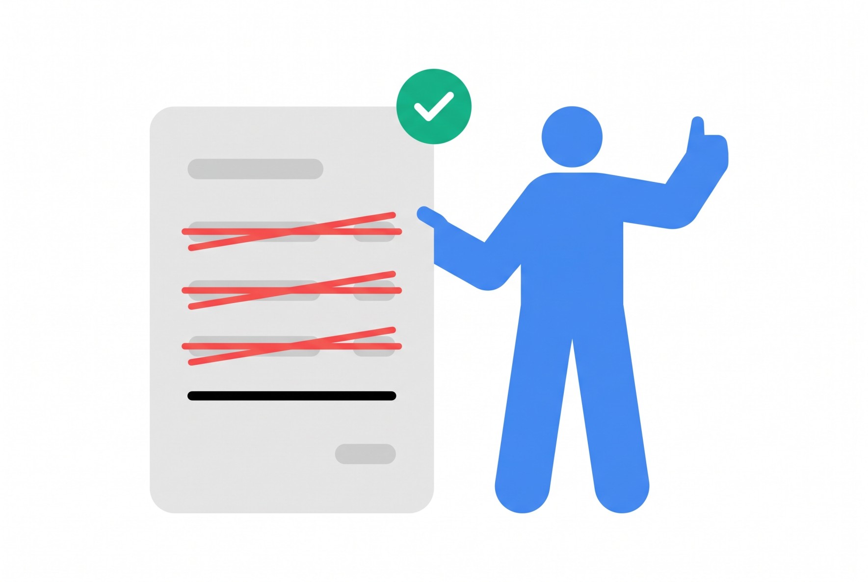 Illustration of a figure giving thumbs up next to an invoice with hidden fees crossed out