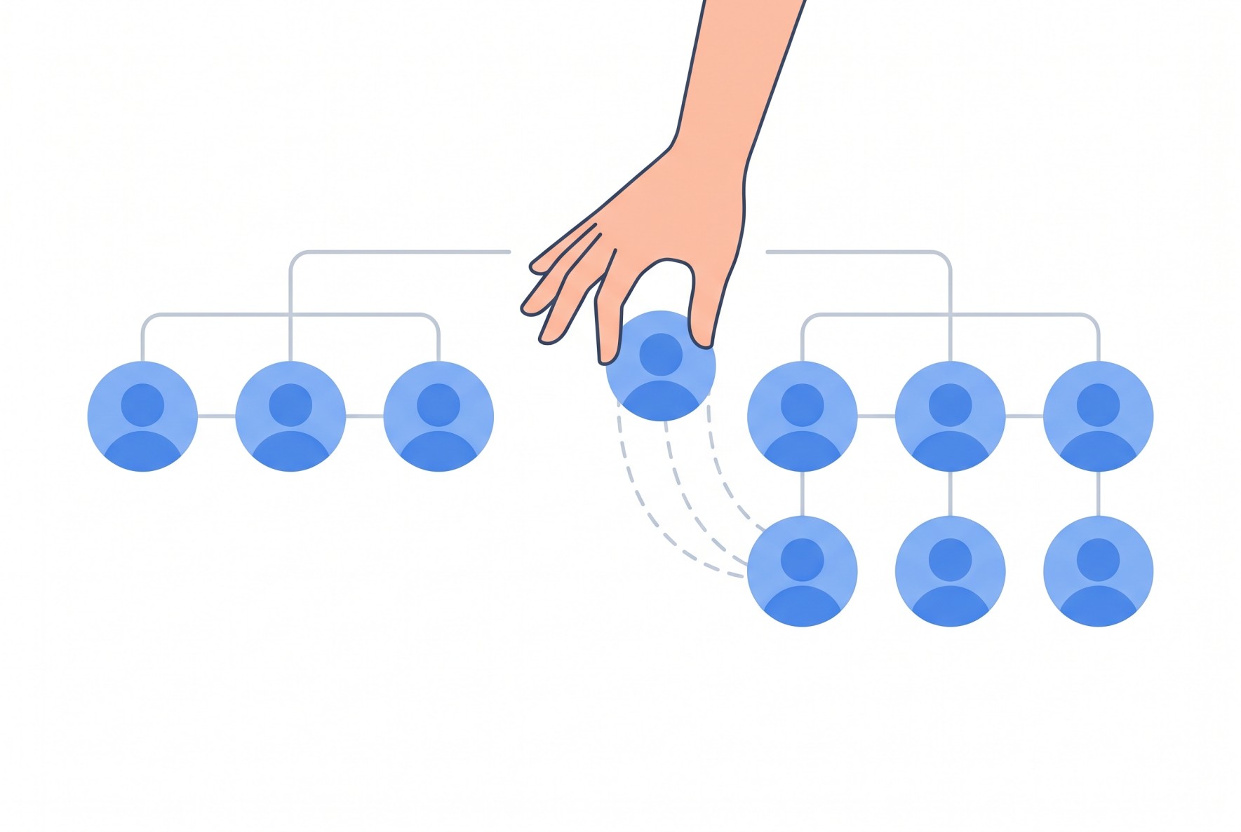 Illustration of a hand dragging a developer avatar into a growing team org chart